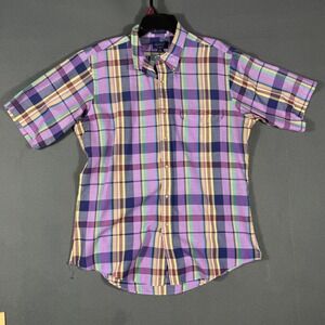 Gant Button Down Men L Purple Hugger Fitted Plaid Short Sleeve Cotton Shirt